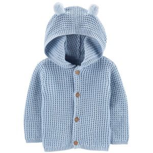 Carters unisex 3 months waffle knit hooded cardigan w/ bear ears & wood buttons
